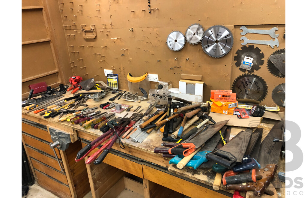 Large Collection of Hand Tools Including but Not Limited to Files, Corner Vices, Trowels, Chisels and Saws