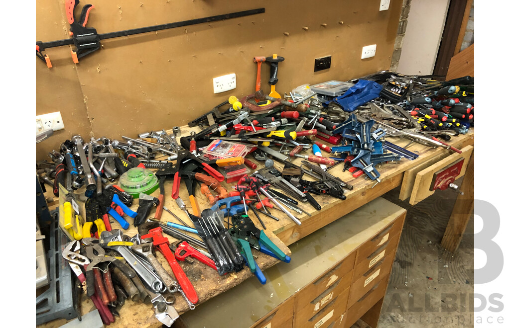 Large Collection of Hand Tools Including but Not Limited to Spanners, Crimpers, Rivet Guns, Sockets, Clamps and Screwdrivers