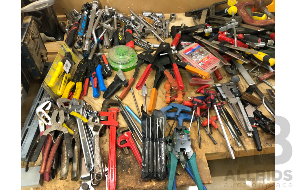 Large Collection of Hand Tools Including but Not Limited to Spanners, Crimpers, Rivet Guns, Sockets, Clamps and Screwdrivers