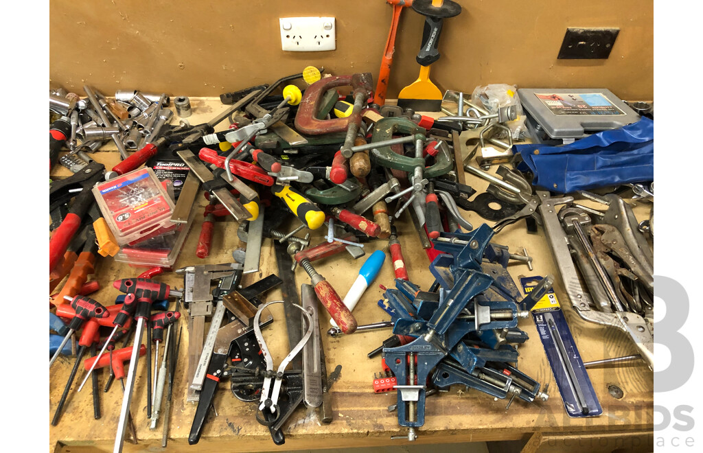 Large Collection of Hand Tools Including but Not Limited to Spanners, Crimpers, Rivet Guns, Sockets, Clamps and Screwdrivers