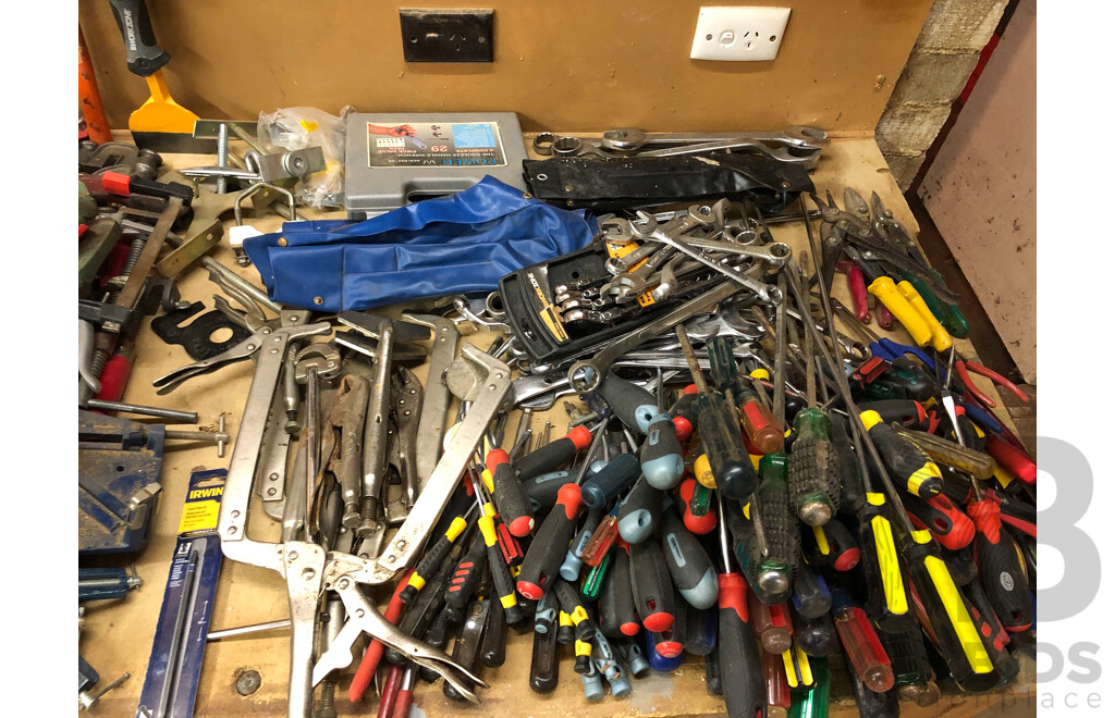 Large Collection of Hand Tools Including but Not Limited to Spanners, Crimpers, Rivet Guns, Sockets, Clamps and Screwdrivers