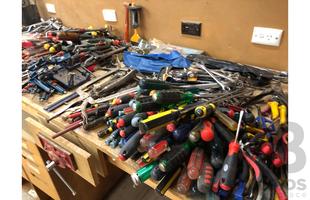 Large Collection of Hand Tools Including but Not Limited to Spanners, Crimpers, Rivet Guns, Sockets, Clamps and Screwdrivers