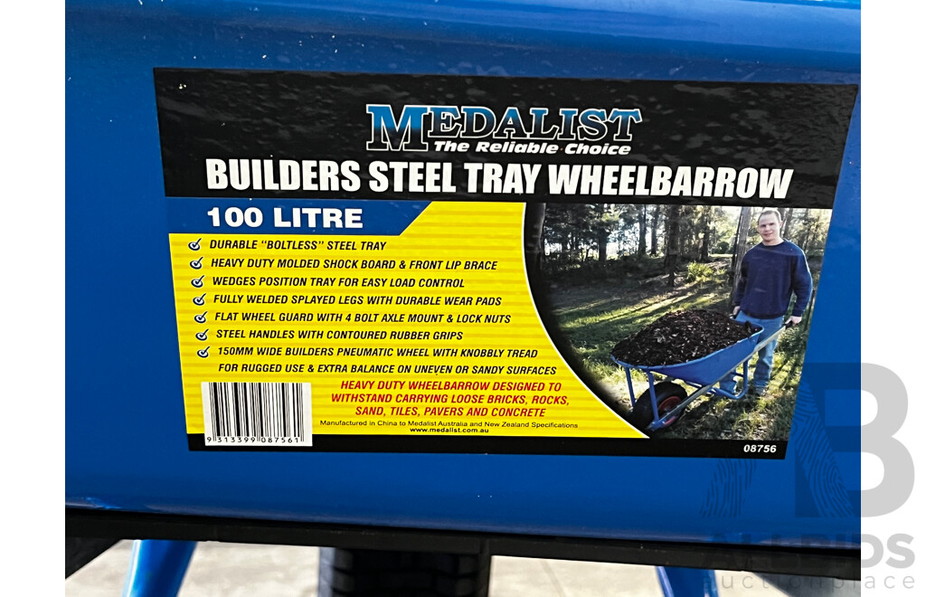 MEDALIST 100-Litre Builders Steel Tray Wheelbarrow - ORP $399.00