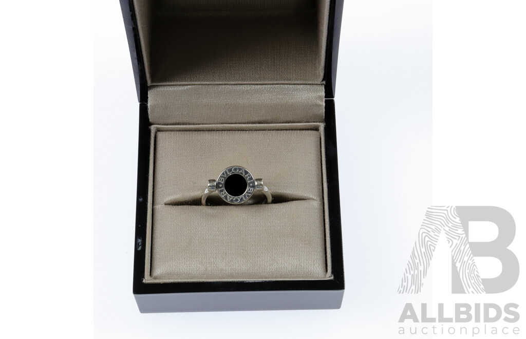 Bvlgari 18ct White Gold Diamond & Onyx Flip Ring, Size 54 (N) - Authenticated, 6.39 Grams