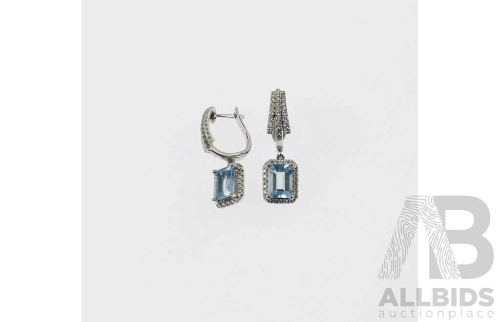 18ct White Gold Diamond & Aquamarine Drop Earrings - Stunning Incl 2019 Valuation $5000, 8.07 Grams