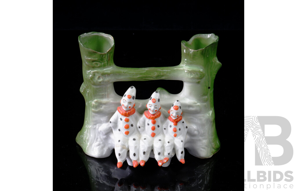 Antique German GRDM Ceramic Twin Vase with Clown Figures