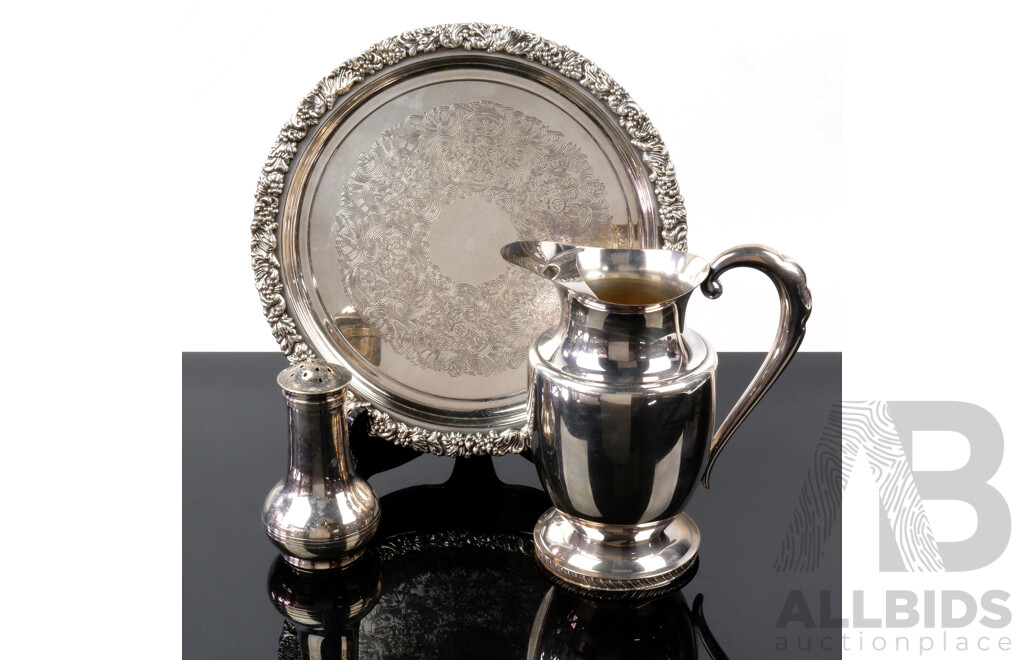 Hecworth Reproduction Sheffield Plate Tray and Jug Along with Hecworth Silver Plate Sugar Castor