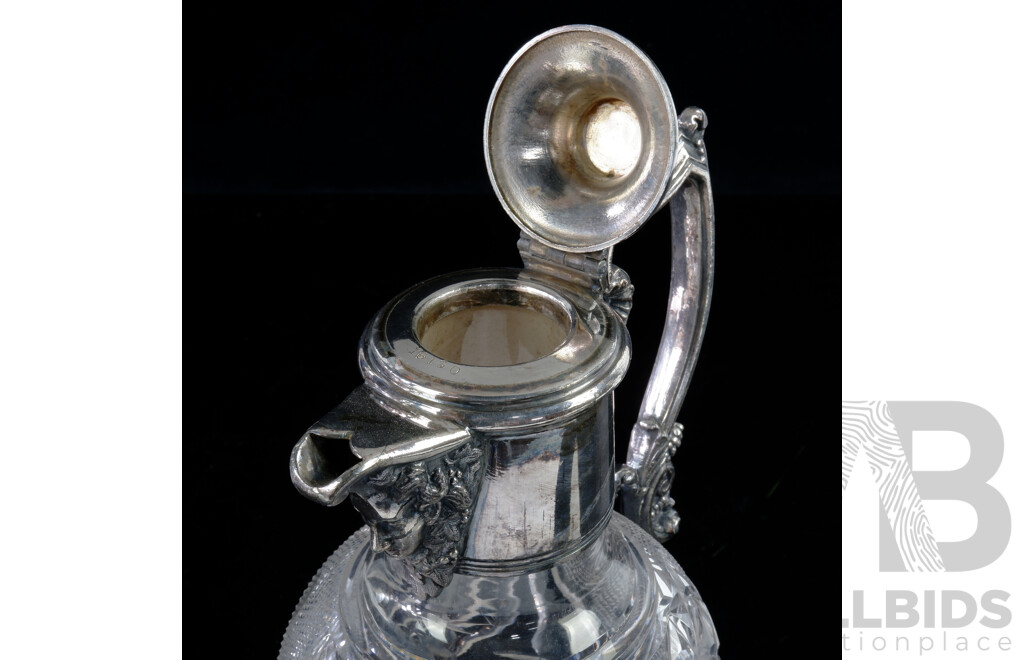 Vintage Crystal Claret Jug with Silver Plate Mounts and Classical Mask Detail to Spout