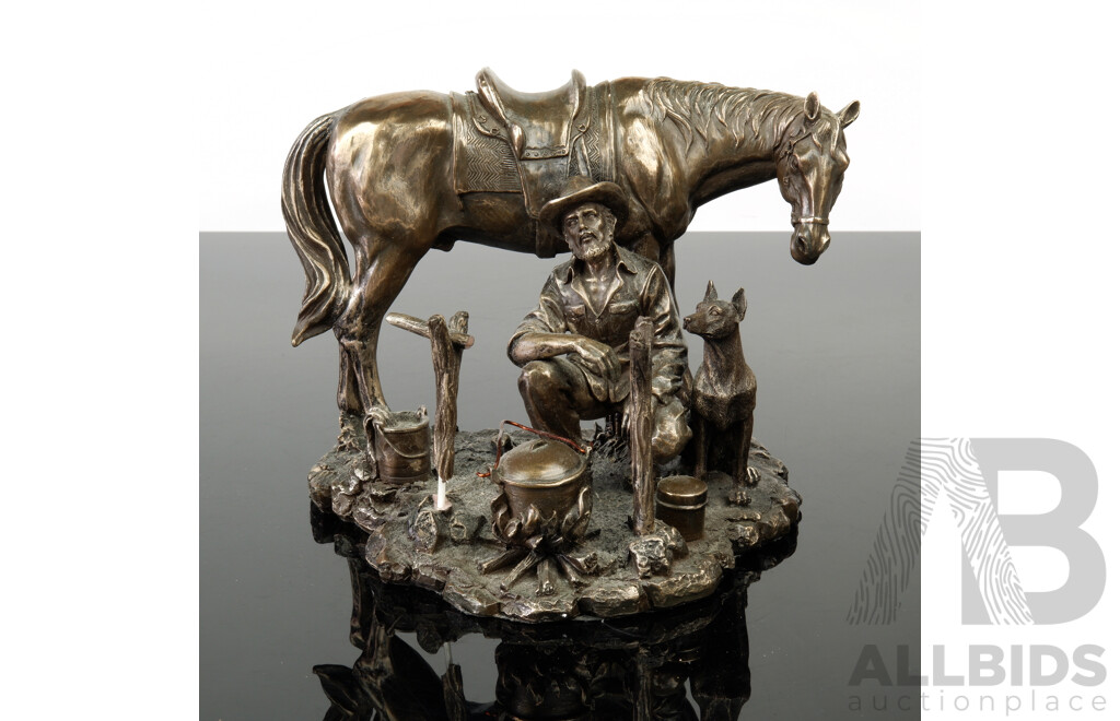Veronese Bronzed Metal Figurine of Horse, Swaggy, Dog and Campfire