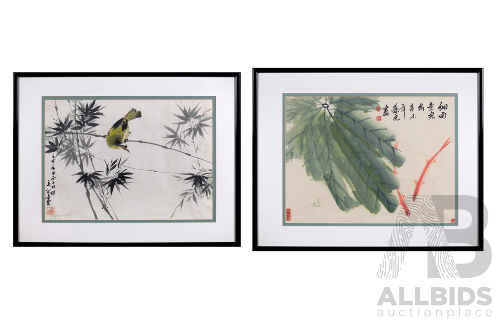 Two Chinese Watercolour Paintings, Study of Koi Together with Goldfinch on a Branch (2)