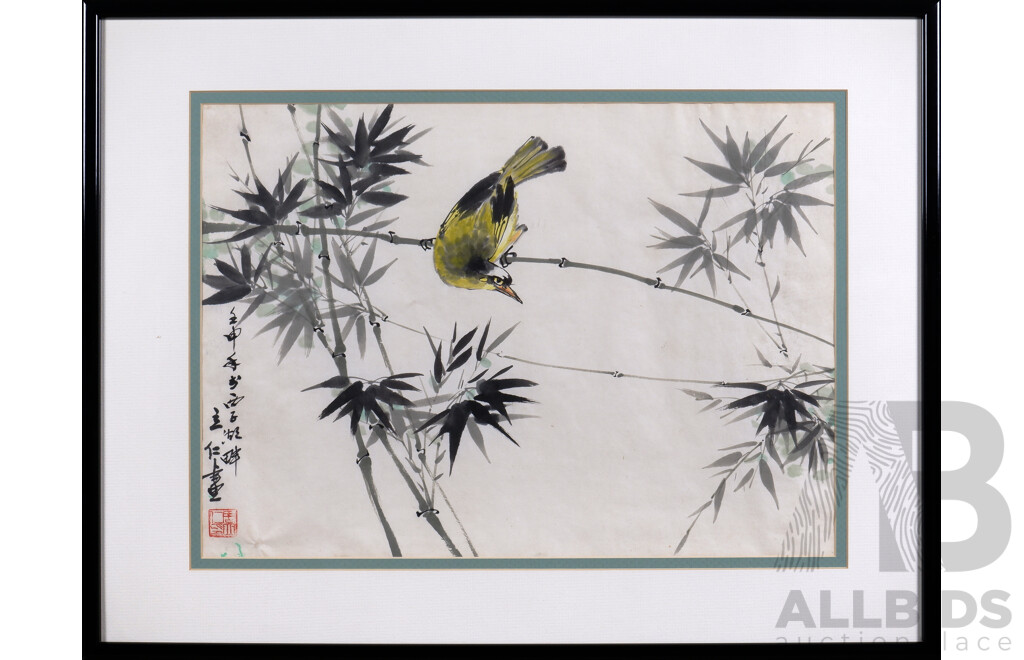 Two Chinese Watercolour Paintings, Study of Koi Together with Goldfinch on a Branch (2)