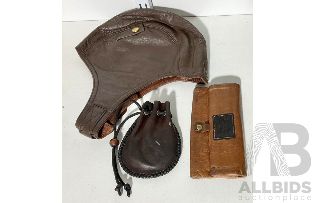 Thee Leather Items Including Flight Cap, Coin Pouch and Tobacco Wallet