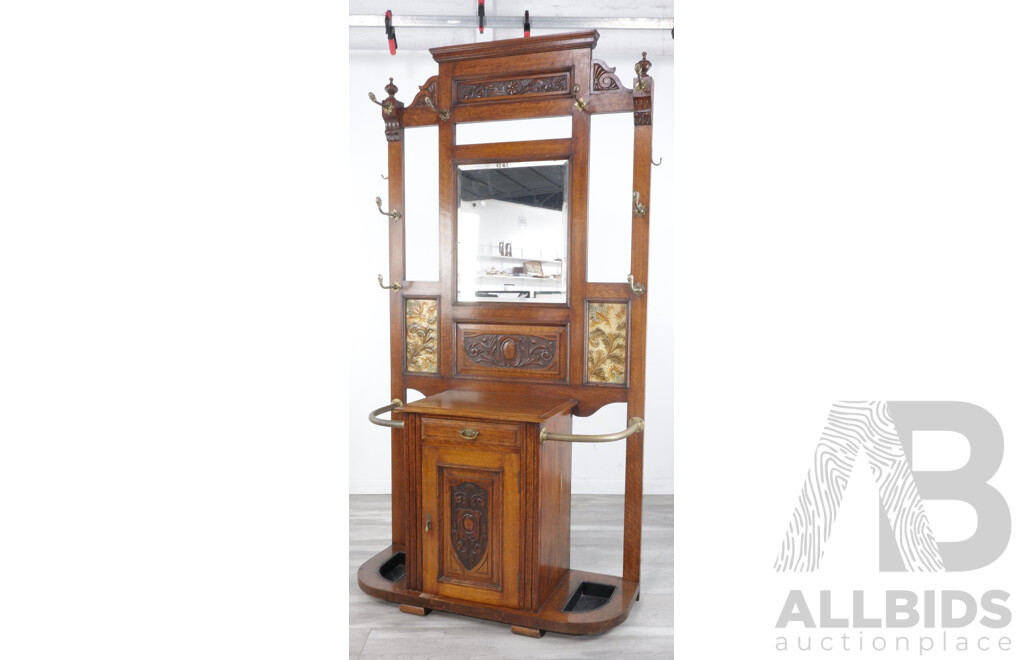 Antique Oak Carved Hall Stand with Brass Fittings and Tiled Accents