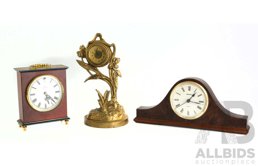Collection of Three Mantle Clocks Including German Junghans, Staiger Electronic and Vintage Wind Up Cast Metal