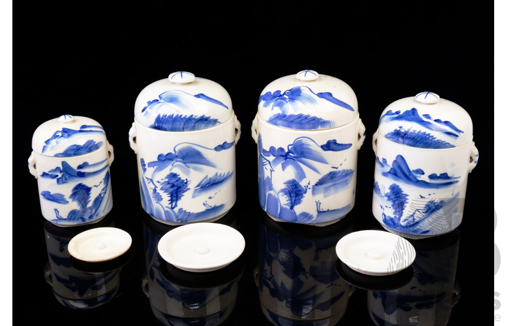 Antique Set Four Chinese Blue and White Porcelain Lidded Canisters