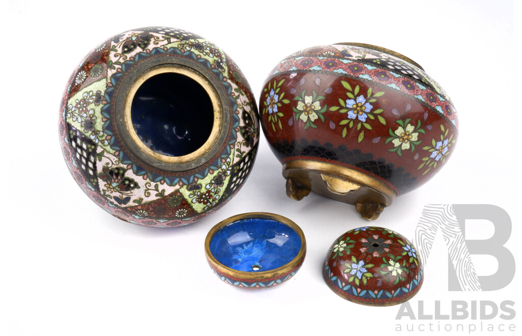 Pair Chinese Cloisonne Lidded Incence Burners