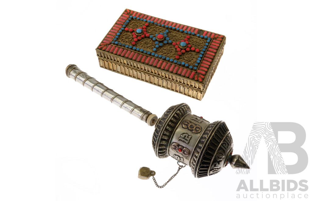 VIntage Nepalese Brass Trinket Box Along with White Metal Nepalese Prayer Wheel
