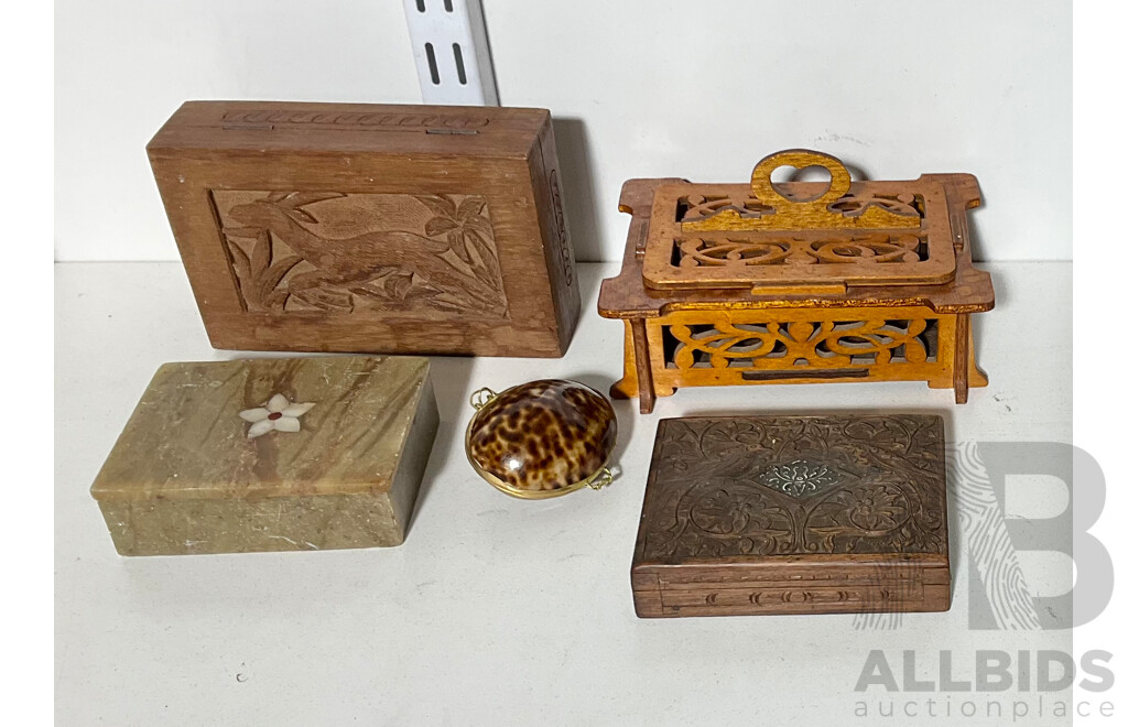 Collection Five Trinket Boxes INcluding Agra Marble Example, Cowrie Shell Example and More