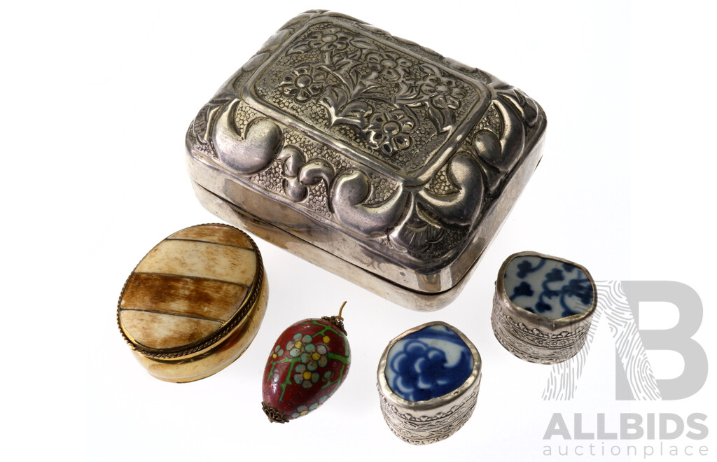 Collection Four Asian Trinket Boxes Including Two Chinese Examples with Antique Porcelain Lids and More