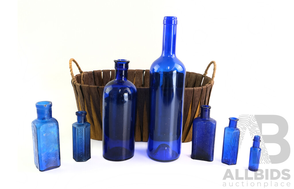 Collection Eight Antique Cobolt Blue Medicine and Other Bottles