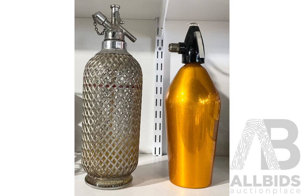 Two Vintage Soda Siphons Including Mesh Example