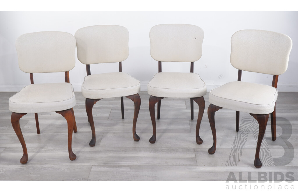 Four Vintage Dining Chairs with White Vinyl Upholstery