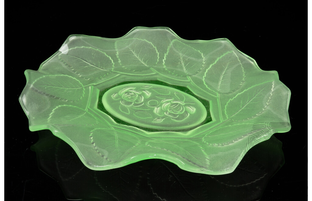 Vintage Uranium Glass  Dish with Impressed Rose Motif to Center with Rose Leaf Motif to Fluted Edge