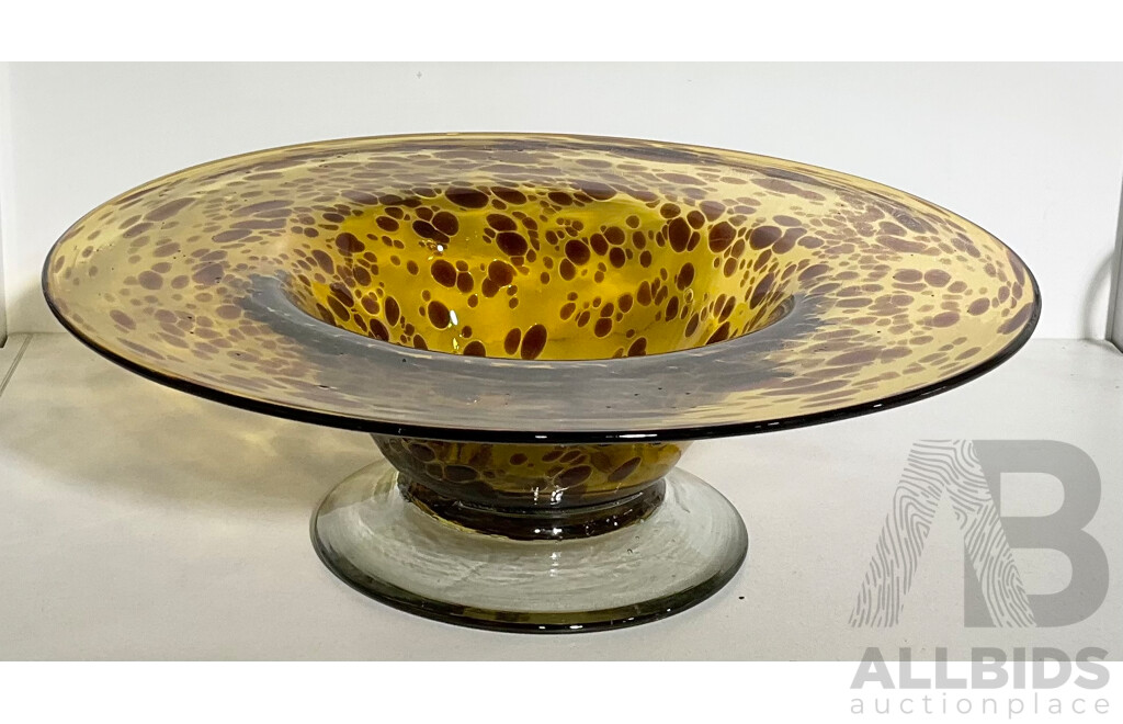 Large Amber and Brown Speckled Art Glass Footed Bowl
