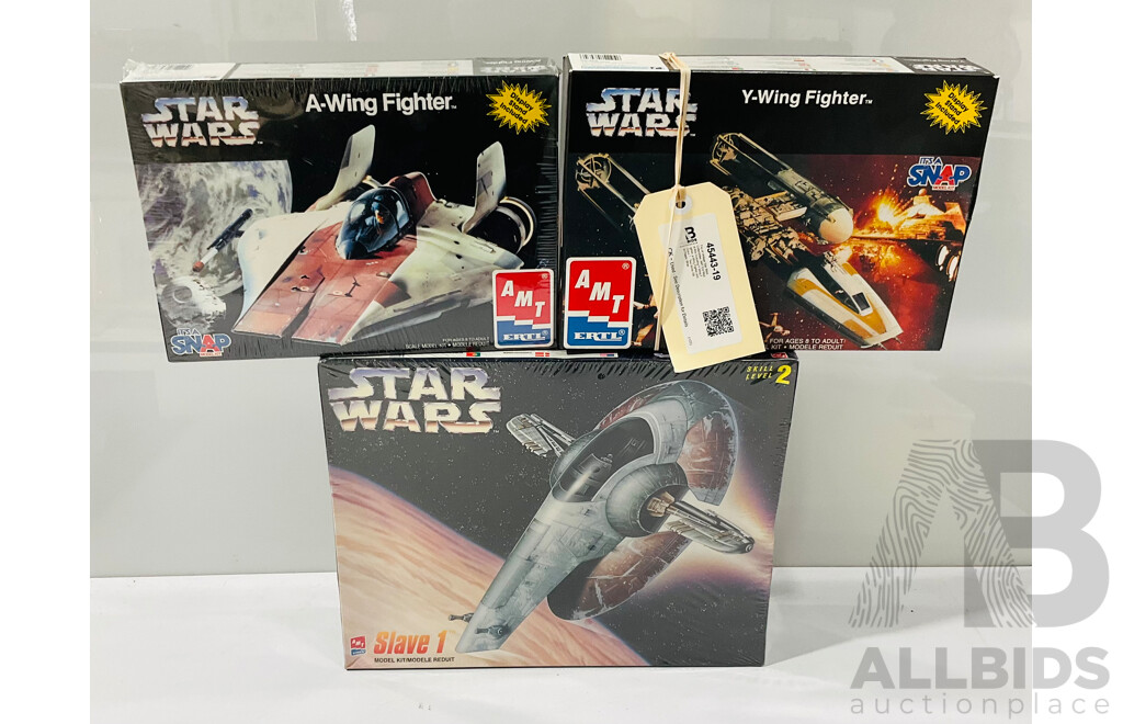 Trio of Vintage Star Wars Collectibles  AMT Ertl Model Kits Including Y-Wing Fighter, a-Wing Fighter and Slave 1 - Two Items Still in Plastic Wrap