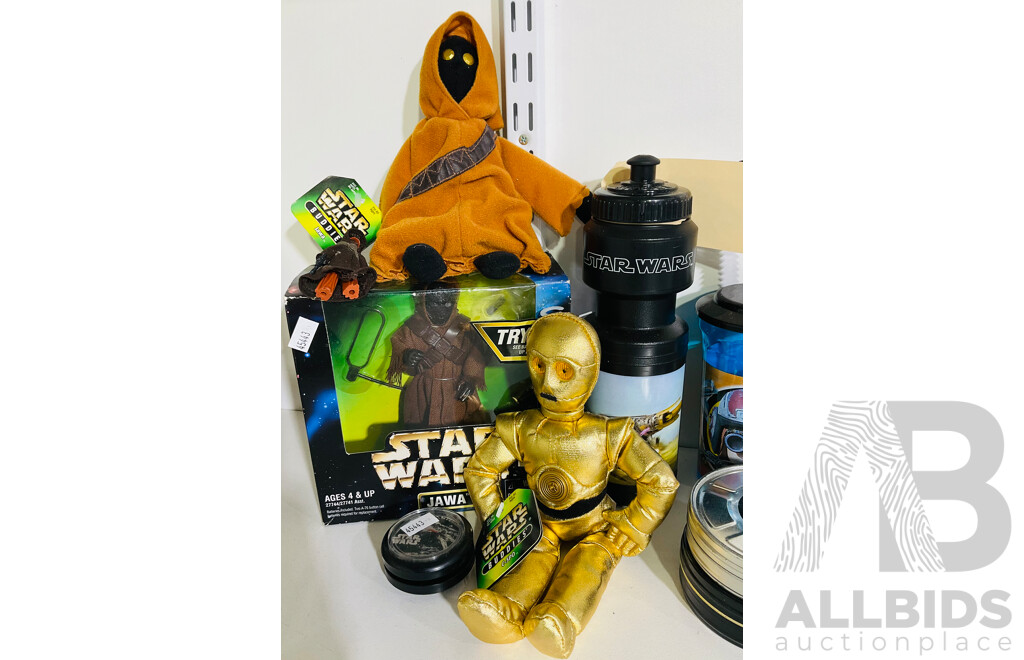 Collection of Star Wars Memorabilia Including Drink Bottles, Mug and Cup, Stuffed  Soft Toy C-3PO and Jawa, a Yoyo and More