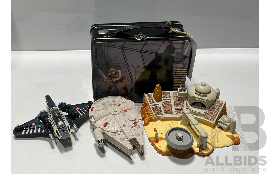 Collection of Three Star Wars Spaceships and Scene, Alongside Miscellaneous Figurines Inside a Star Wars Lunch Box