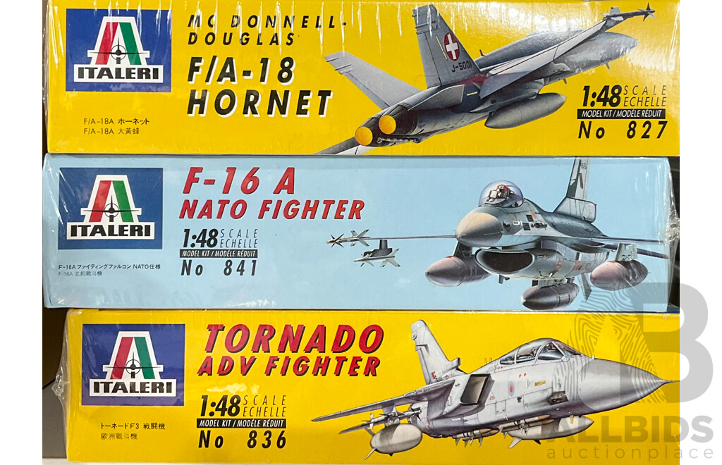 Vintage Italeri F-16 NATO Fighter, F/A 18 Hornet and Tornado ADV Fighter in Sealed Boxes 1:48 Scale