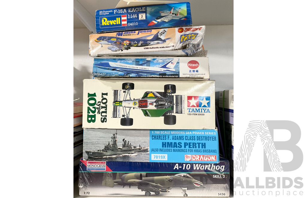 Collection of Models Including Monogram a-10 Warthog 1:72, Tamiya Lotus Type 102B 1:20, Dragon HMAS Perth 1:700, Kitech Air Force One 1:300, Zhengdefu Boeing 747 1:300, Revell F-15A Eagle 1:144
