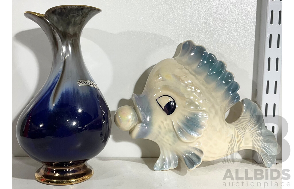 Vintage Merlena West Germany Cobalt Blue Vase and a Ceramic Fish Wall Pocket