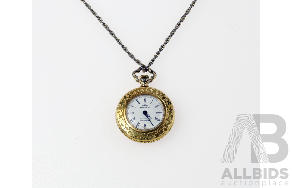 Royce Vintage Pendant Watch & 70cm Chain, Gold Plated with Stunning Enamel Rose Design, 28mm Diameter