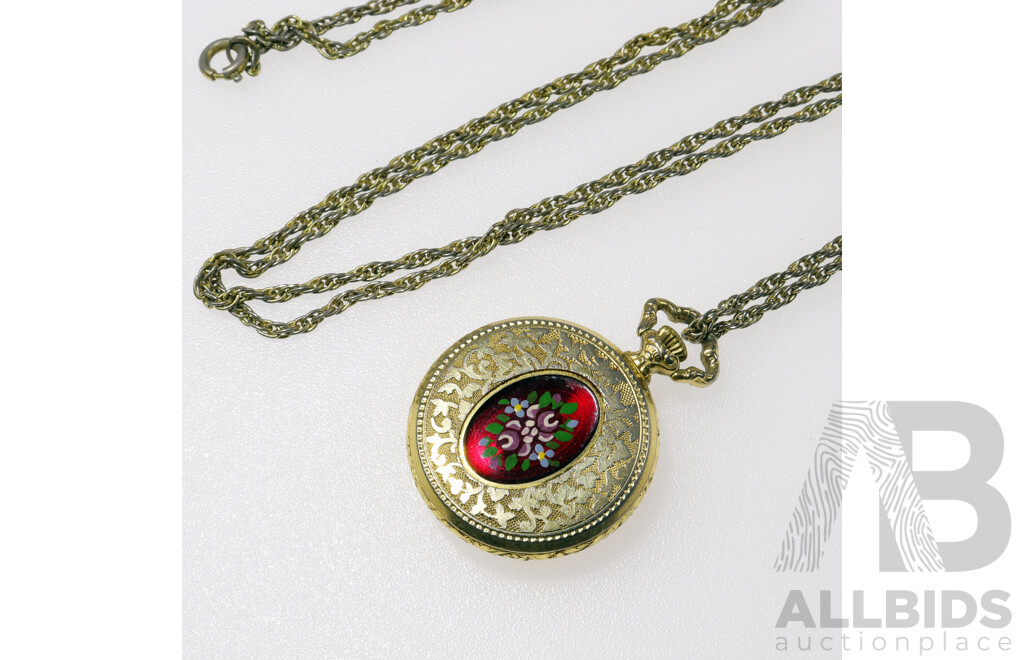 Royce Vintage Pendant Watch & 70cm Chain, Gold Plated with Stunning Enamel Rose Design, 28mm Diameter