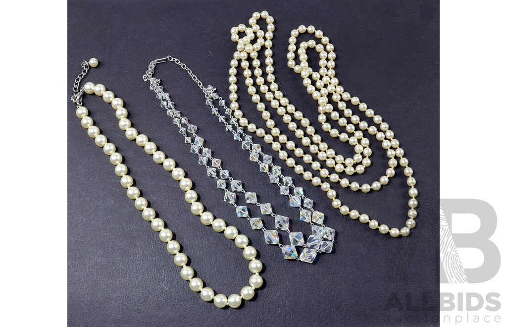 Vintage Faceted Aurora Borealis Necklace, Opera Length 7mm Faux Pearls & 9.8mm Faux Pearl Necklace