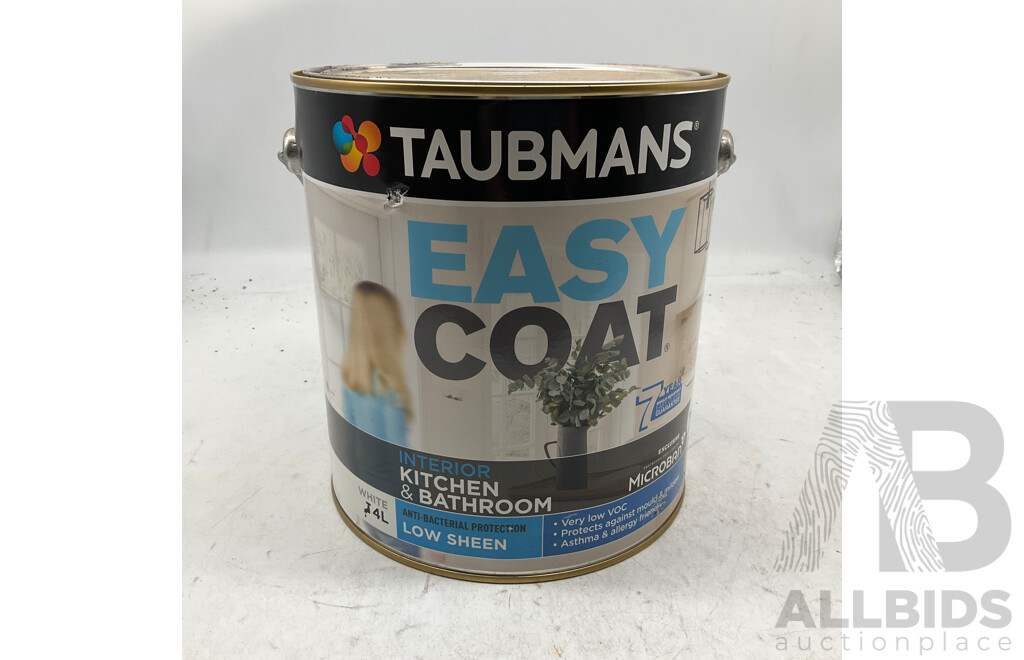 TAUBMANS Lot of 6 Easy Coat  Low Sheen White for Interior Kitchen & Bathroom Paint 4L - Estimated Total ORP $420.00