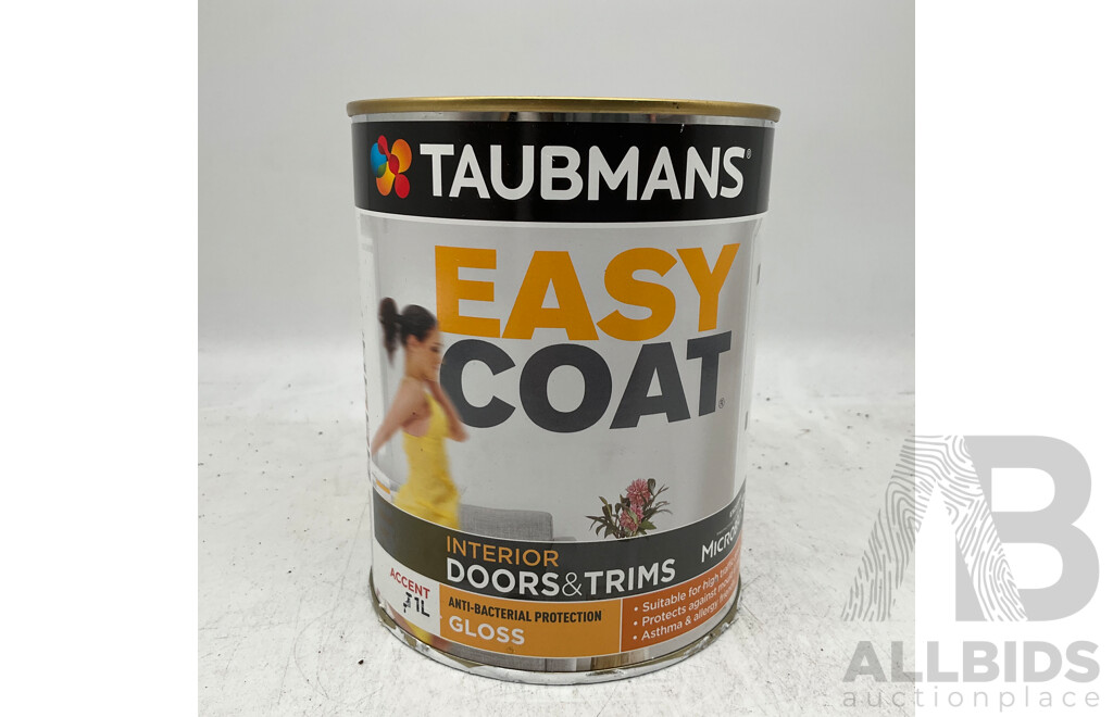 TAUBMANS Lot of 18 Easy Coat Gloss Accent for Interior Doors & Trims Paint 1L - Estimated Total ORP $682.00