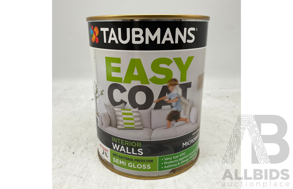 TAUBMANS Lot of 18 Easy Coat Semi Gloss Accent for Interior Walls 1L - Estimated Total ORP $720.00