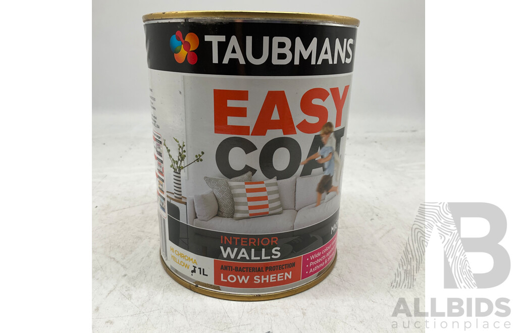 TAUBMANS Lot of 11 Easy Coat  Low Sheen HI Chroma YELLOW for Interior Walls Paint 1L - Estimated Total ORP $464.00