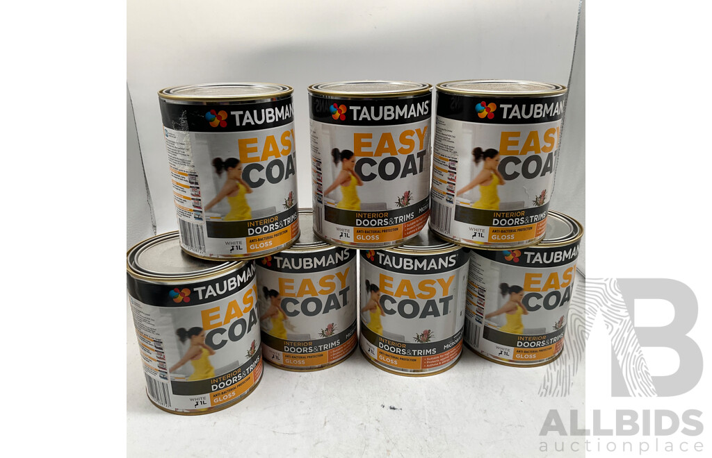 TAUBMANS Lot of 7 Easy Coat Gloss White for Interior Doors & Trims Paint 1L - Estimated Total ORP $295.00