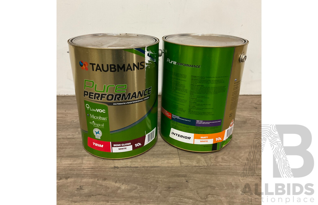 TAUBMANS Lot of 2 Pure Performance Semi Gloss White for Trim & Matt White for Interior 10L - Estimated Total ORP $396.00