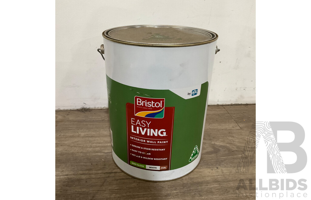 BRISTOL Easy Living Semi Gloss White Interior Walls 10L & WHITE KNIGHT Rust Guard Satin Black 250ml - Lot of 2 - Estimated Total ORP $150.00