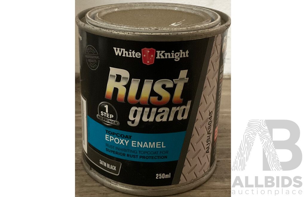 BRISTOL Easy Living Semi Gloss White Interior Walls 10L & WHITE KNIGHT Rust Guard Satin Black 250ml - Lot of 2 - Estimated Total ORP $150.00