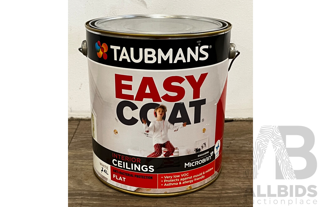 TAUBMANS Easy Coat Interior Ceiling Flat White  Paint 4L - Lot of 6 - Estimated Total ORP $290.00