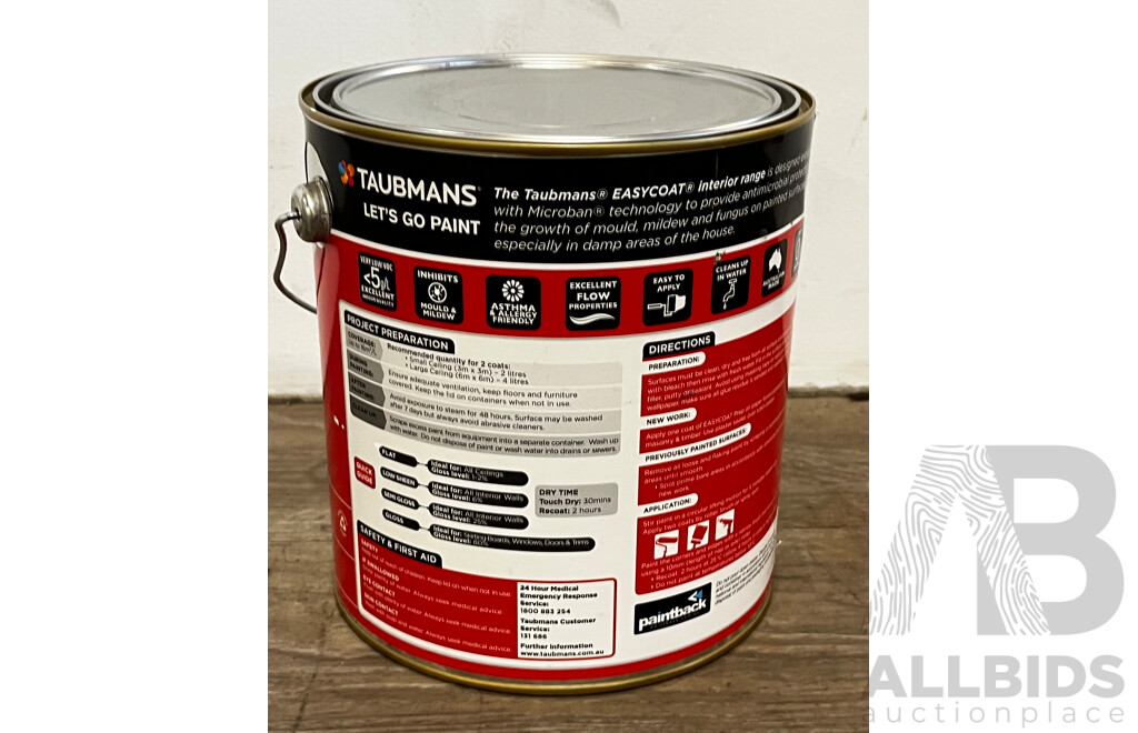 TAUBMANS Easy Coat Interior Ceiling Flat White  Paint 4L - Lot of 6 - Estimated Total ORP $290.00