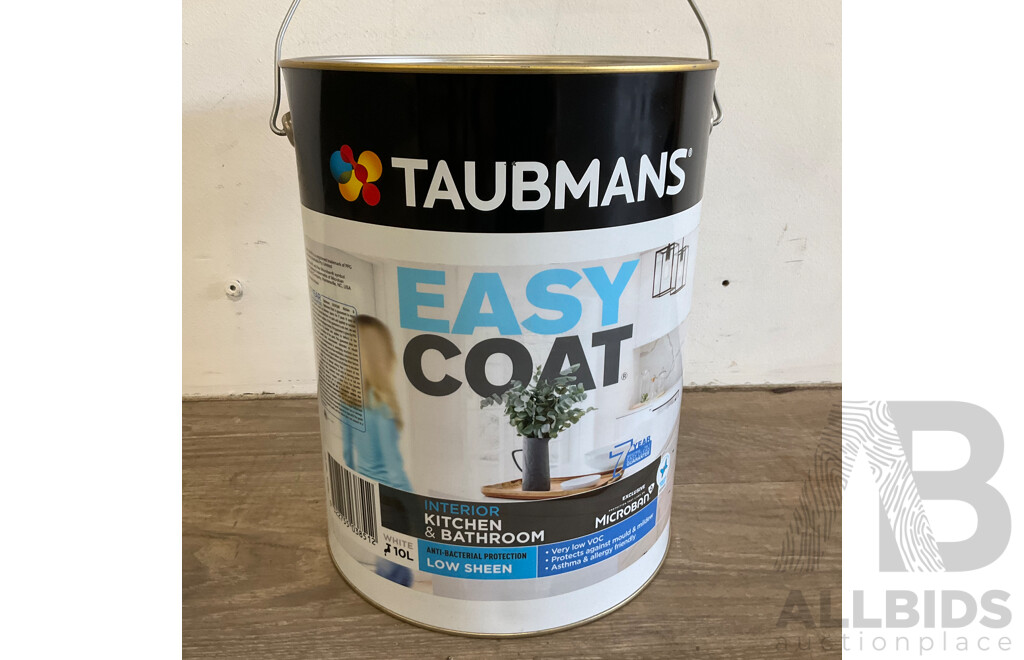 TAUBMANS Easy Coat Interior Kitchen & Bathroom White Low Sheen Paint 10L - Lot of 3 - Estimated Total ORP $480.00