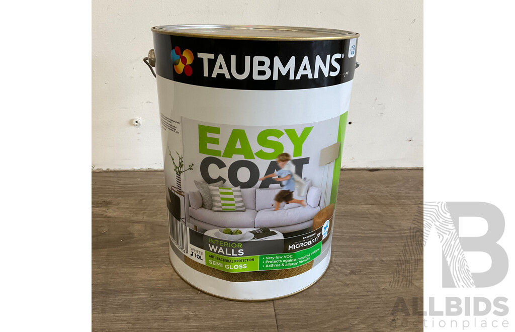 TAUBMANS Lot of 9 Easy Coat Interior Walls White Semi Gloss Paint 10L - Estimated Total ORP $1350.00