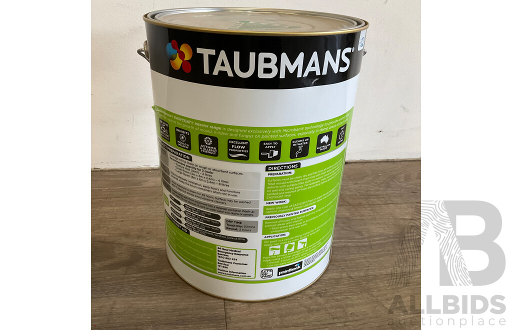 TAUBMANS Lot of 9 Easy Coat Interior Walls White Semi Gloss Paint 10L - Estimated Total ORP $1350.00